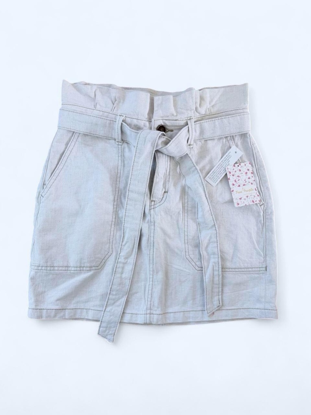 Free People Splendor in the Grass Paperbag Denim Mini Skirt Oatmeal 4 NWT